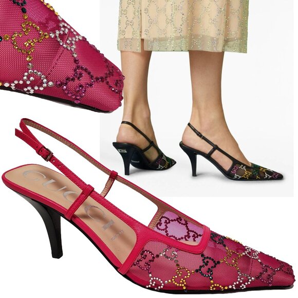 GUCCI SHOES FUCHSIA MESH w GG CRYSTALS SLINGBACK SANDALS sz 40 10 US - Picture 1 of 15